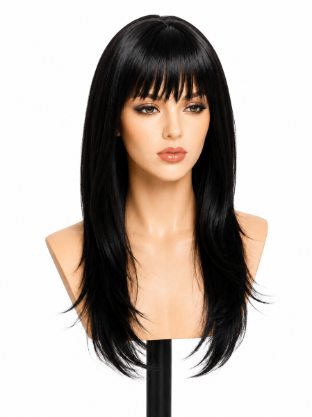 Lange schwarze Damenperücke mit Pony